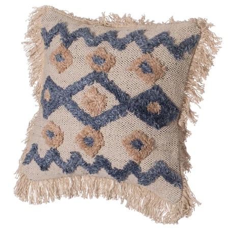 Deerlux 16" Handwoven Cotton & Silk Throw Pillow Cover with Embossed Zig Zag, Blue & Beige QI004299.ZZ